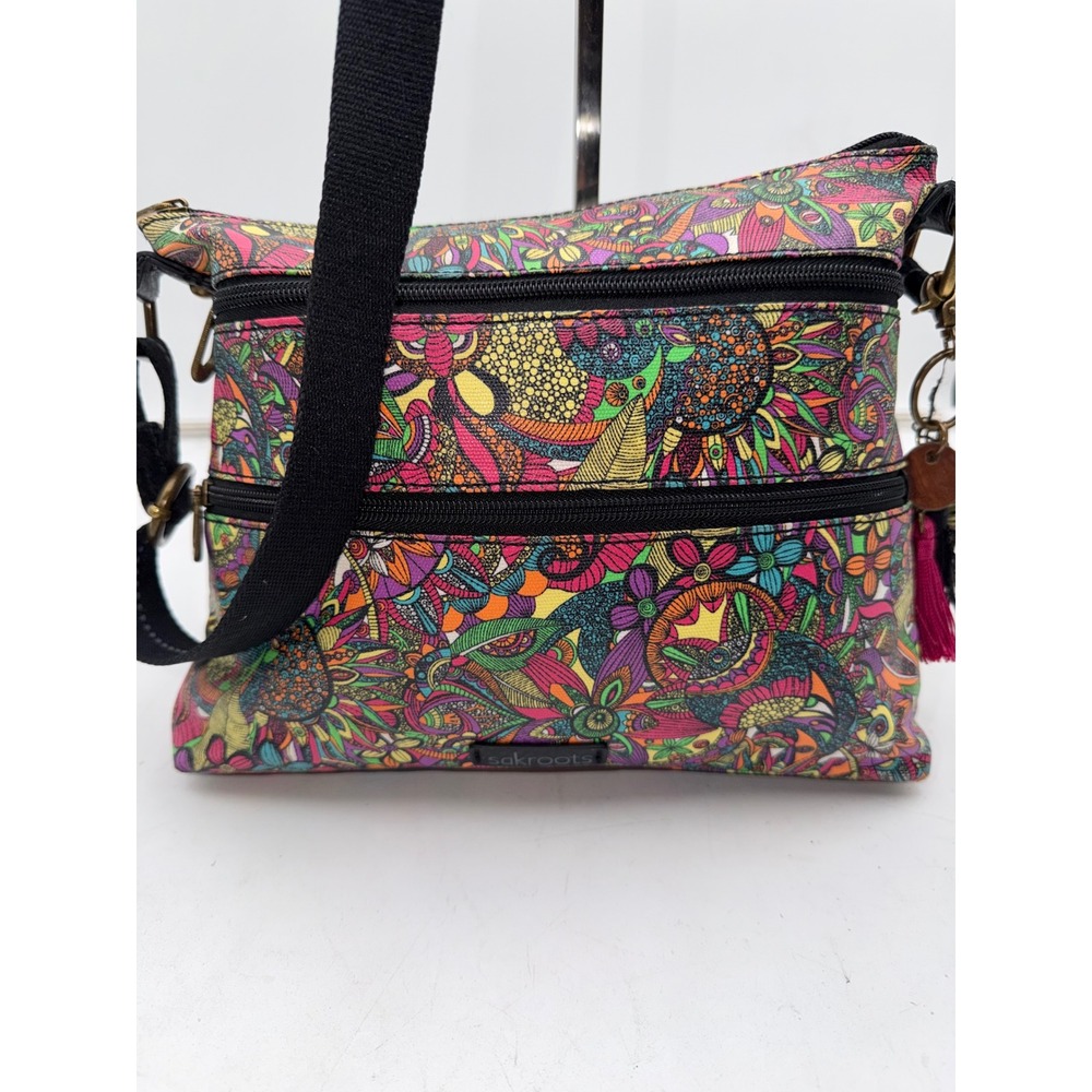Sakroots Crossbody Bag Multicolored Floral Owl Print Canvas Adjustable Strap